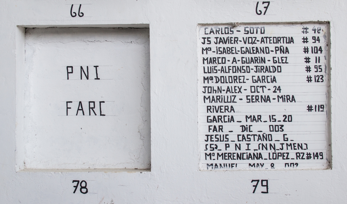 Bóveda del cementerio de Cocorná en el que reposan los restos de 14 personas, incluída una persona registrada como PNI y otra como ‘FAR’. Fotografía: Juan Carlos Contreras Medina.