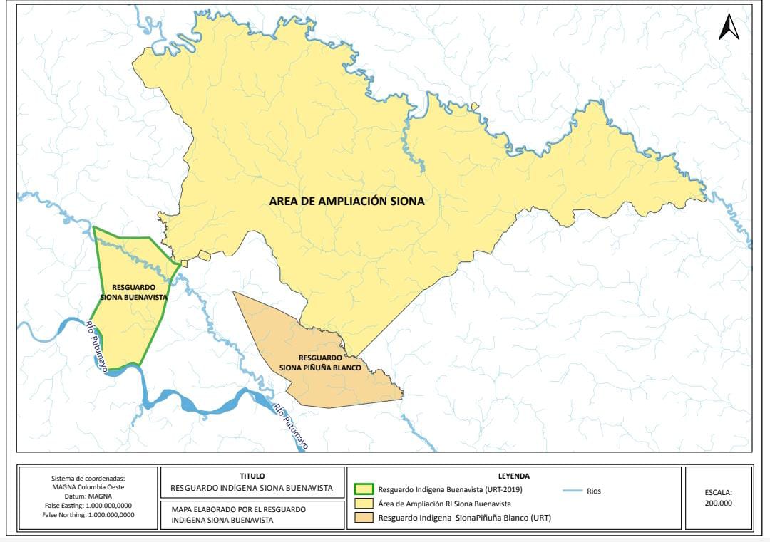 El resguardo siona se ubica en Putumayo. La lucha de este pueblo indígena es garantizar la protección de su territorio que enfrenta múltiples amenazas. Mapa suministrado por el resguardo Buenavista.